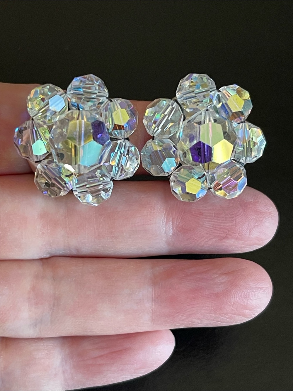 Vintage AB Crystal Cluster Clip-On Earrings.